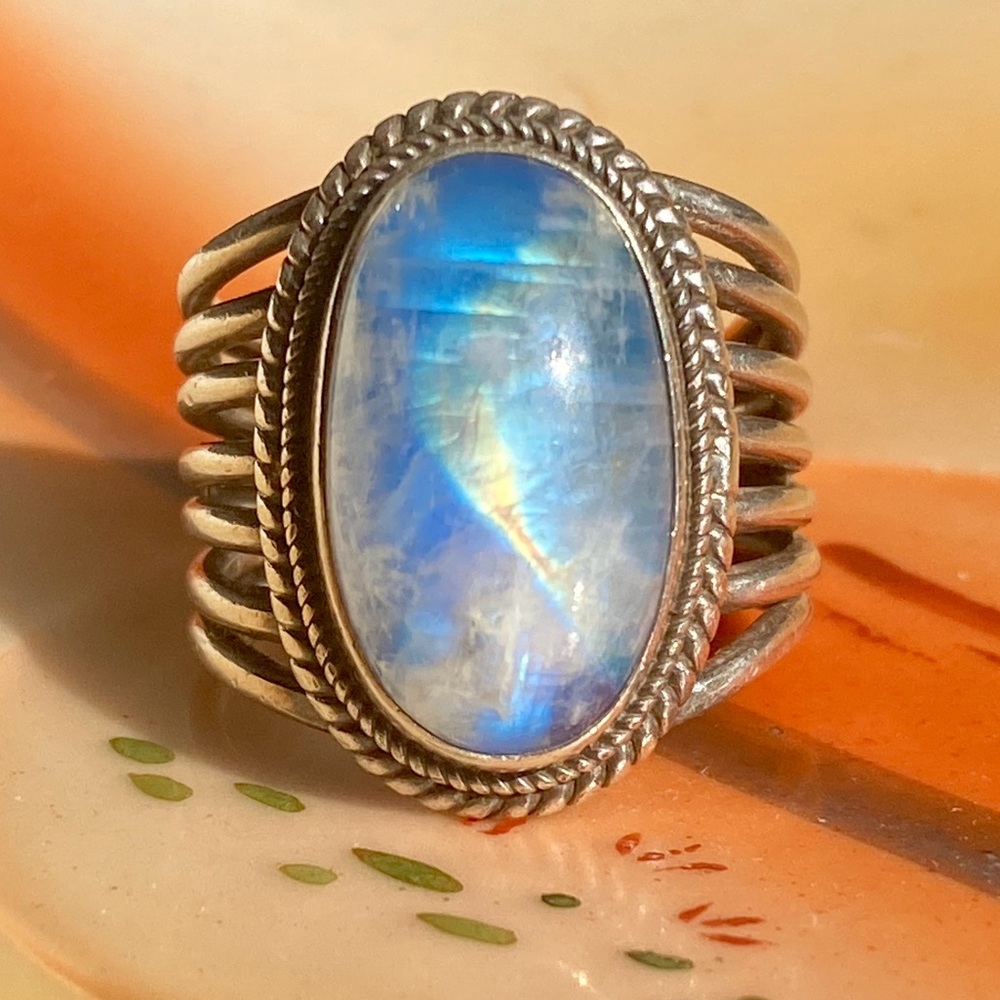 Rainbow Moonstone Crystal Stone 925 Silver Orbit  Band Chunky Ring -Size 7. 5